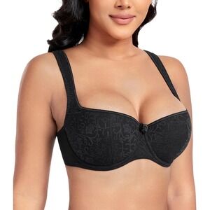 DotVol Women Black Lace Demi Underwire‎ Lightly Padded Balconette Bra 36DD